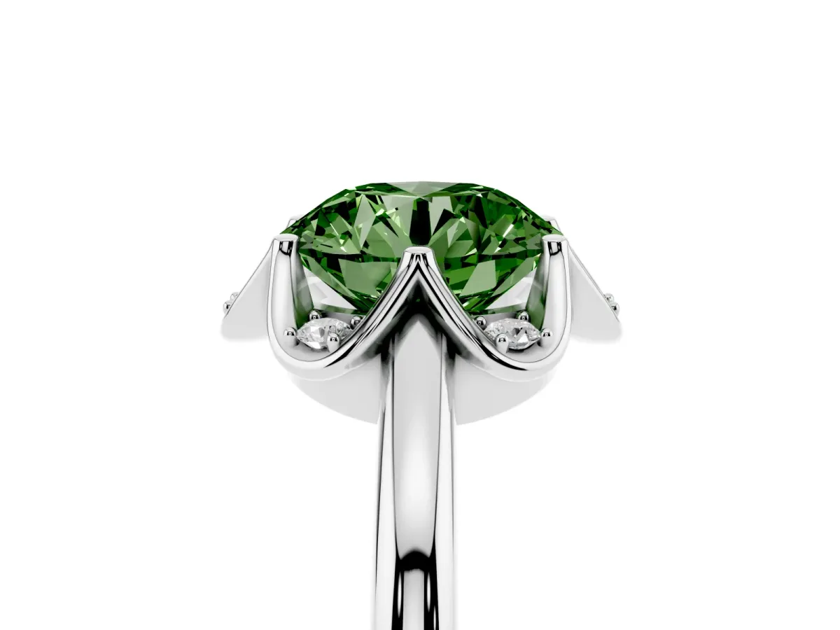 Fancy Green Round Cut Halo Diamond Ring with Round Cluster Setting, Solitaire Band, and Four-Prong Setting Silver