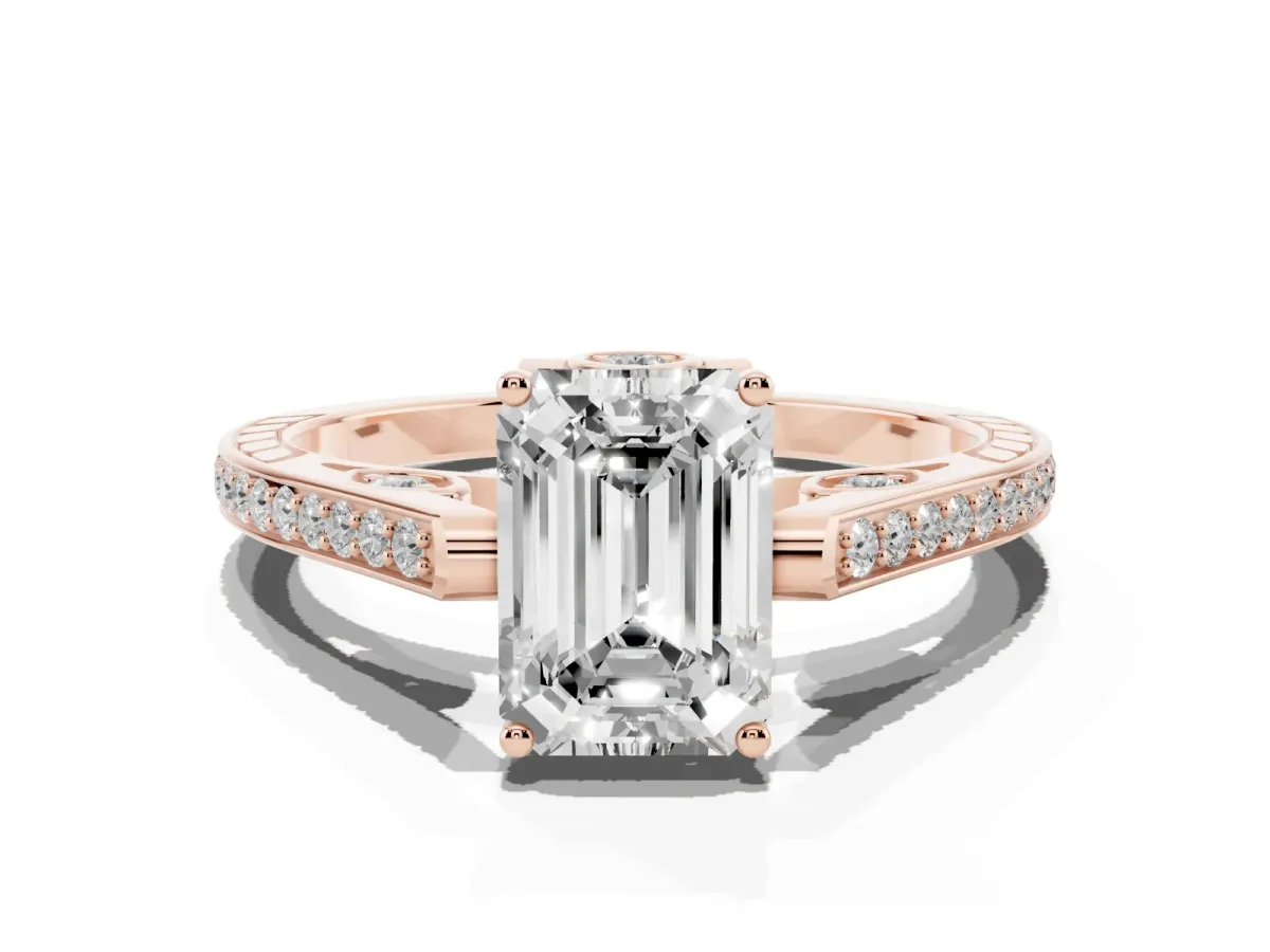 Emerald Cut Cut Cathedral Pave Diamond Engagement Ring with Six-Prong Setting Rose gold