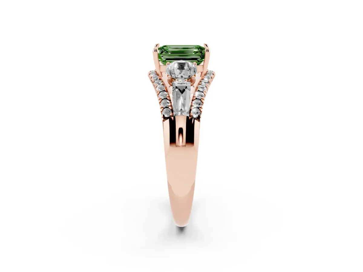 Fancy Green Three-Stone Emerald Cut Diamond Engagement Ring with Pave Band and Prong Setting Rose gold