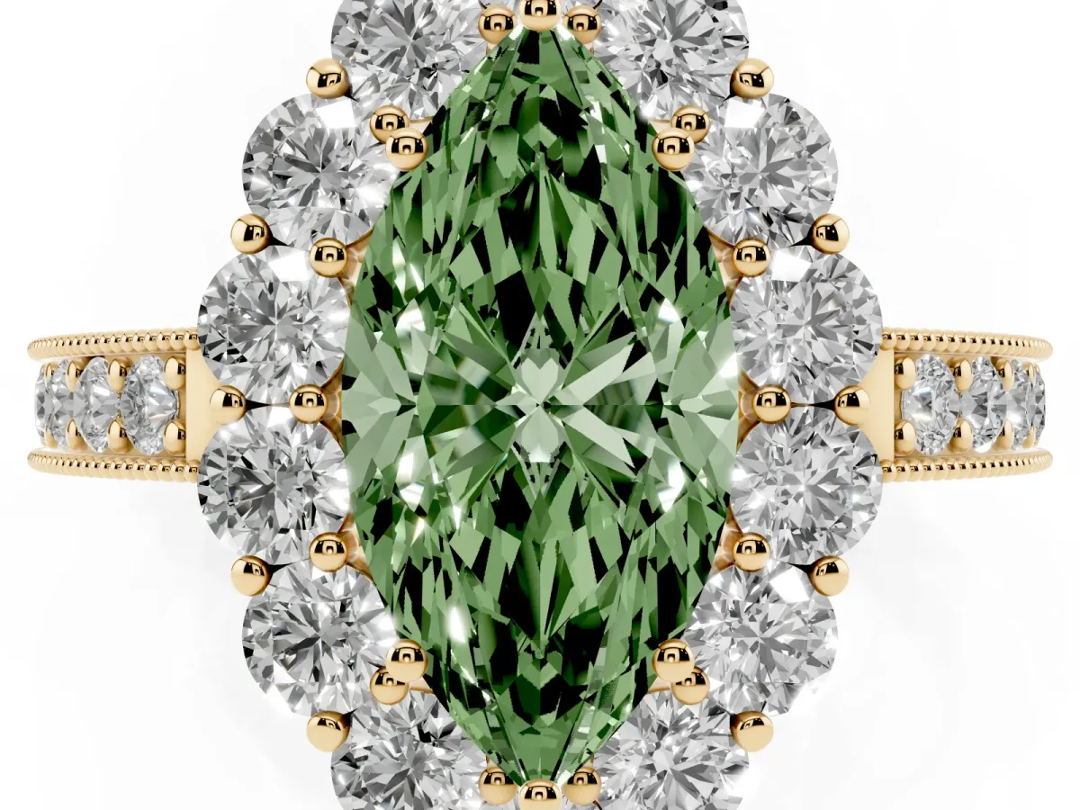 Fancy Green Marquise Cut Cut Halo Diamond Pavé Engagement Ring with Milgrain Detailing Yellow gold