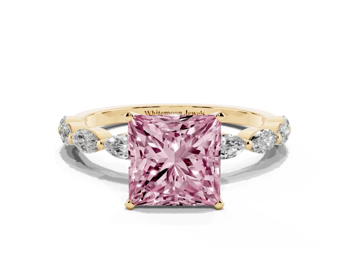 Fancy Pink Princess Cut Diamond Ring with Marquise Side Stones and Prong Setting Yellow gold