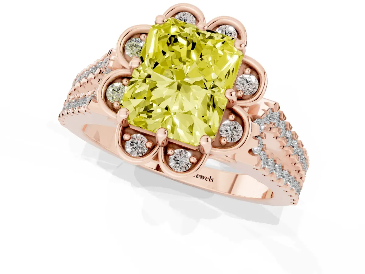 Fancy Yellow Radiant Cut Halo Diamond Floral Split Shank Engagement Ring Rose gold