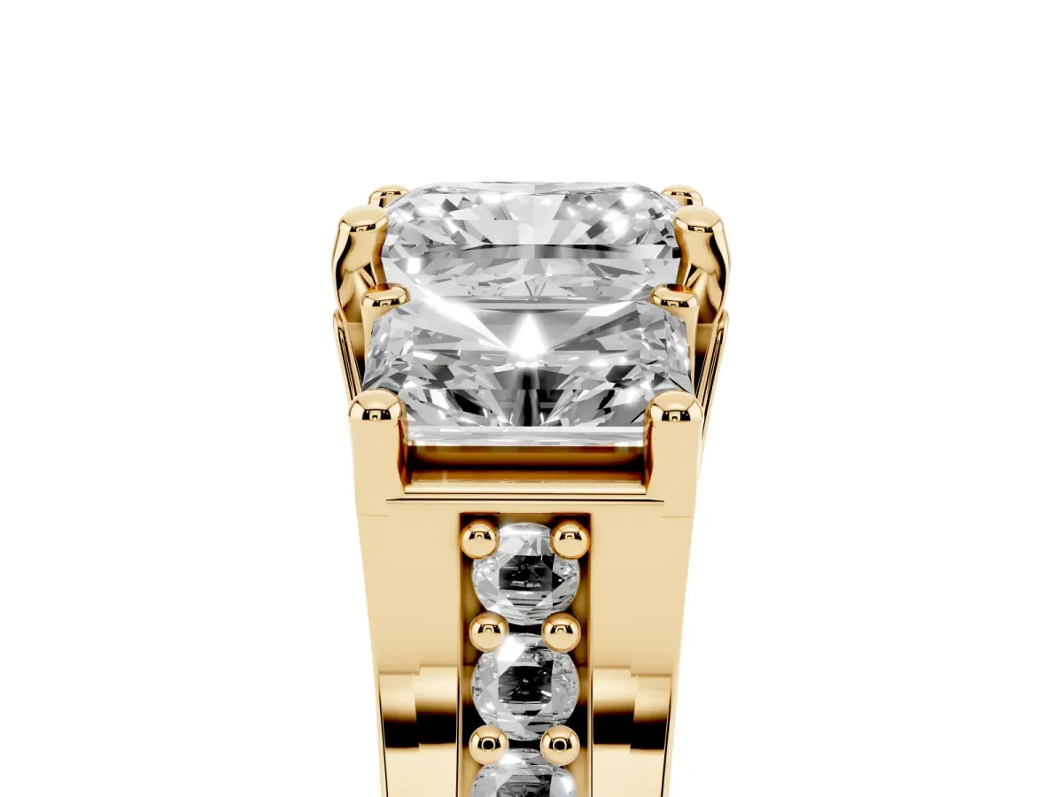 Radiant Cut Diamond Three-Stone Ring with Channel Set Band and Four-Prong Setting Yellow gold