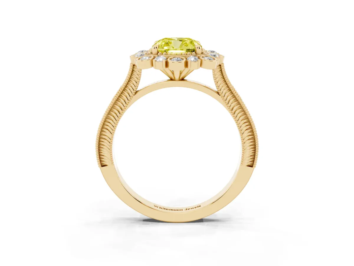 Fancy Yellow Cushion Cut Halo Milgrain Pave Diamond Ring with Four-Prong Setting Yellow gold