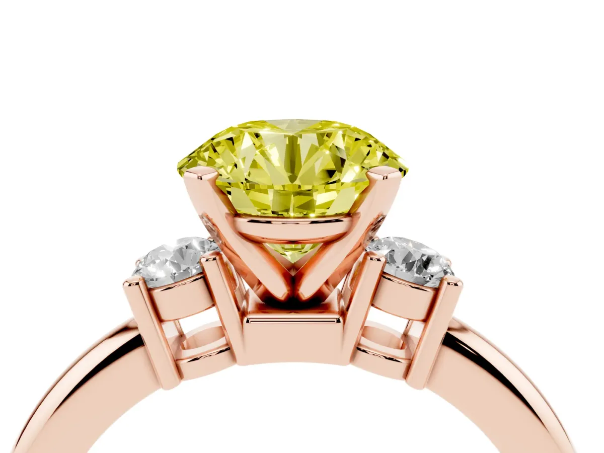 Fancy Yellow Three-Stone Round Cut Cut Diamond Solitaire with Prong Setting and Classic Band Rose gold