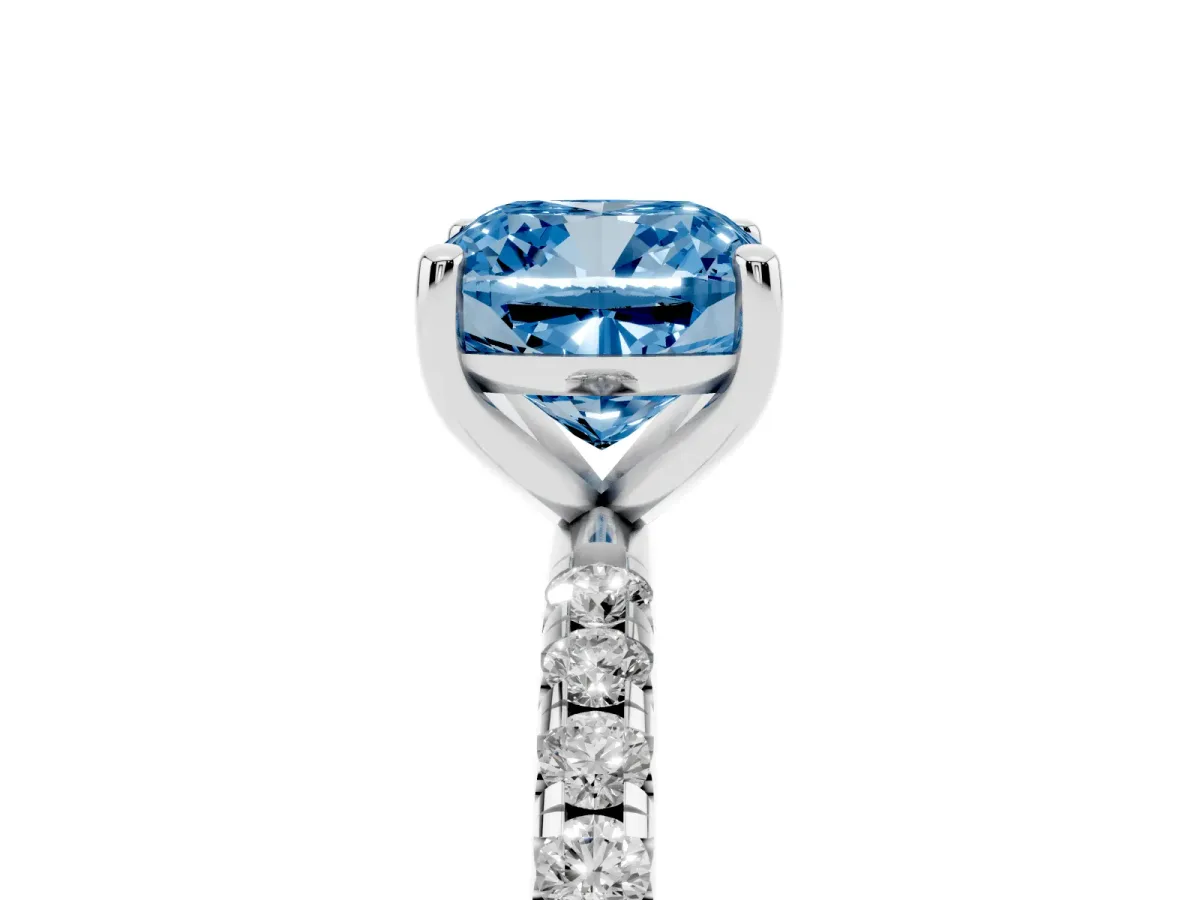Fancy Blue Cushion Cut Cut Diamond Solitaire Ring with Micro Pave Band and Four Prong Setting Silver