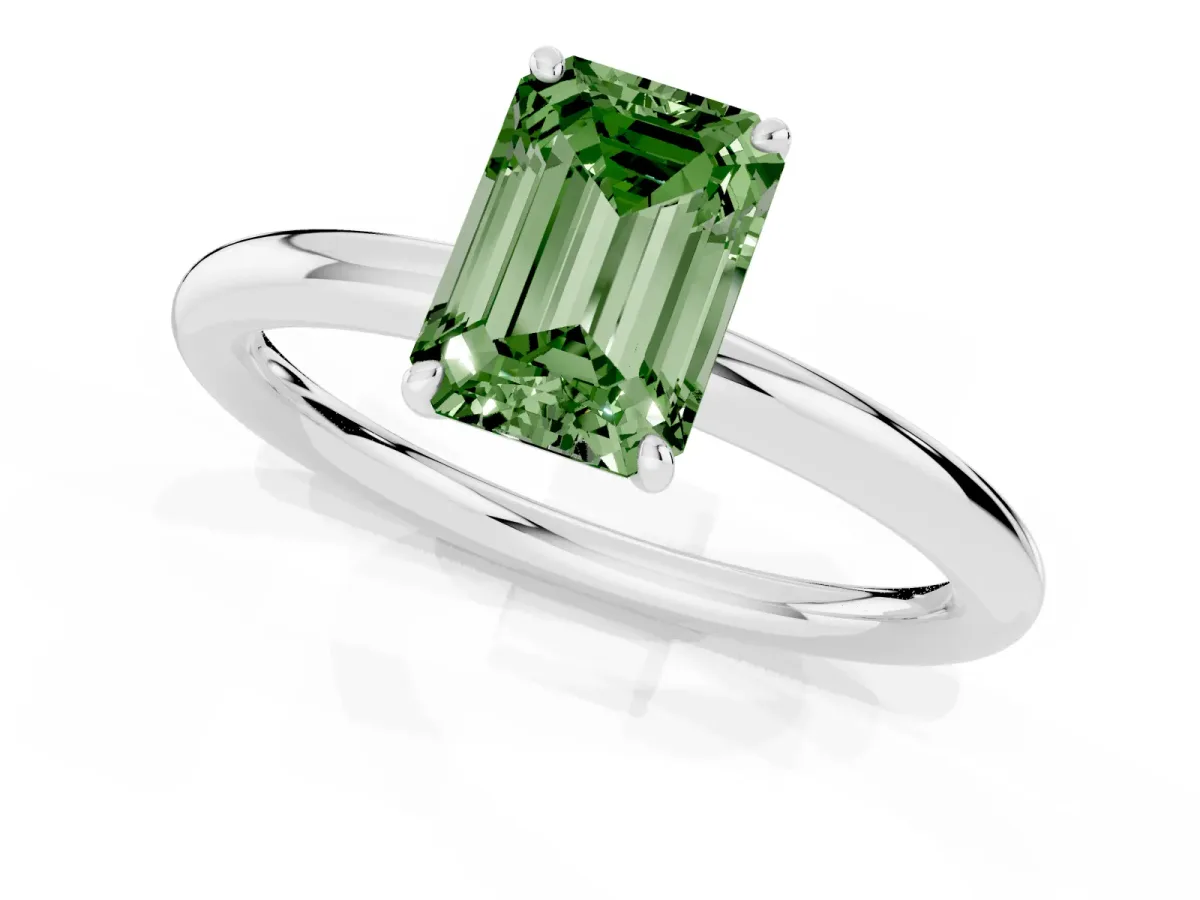 Fancy Green Emerald Cut Solitaire Diamond Ring with Four-Prong Setting on a Plain Band Platinum