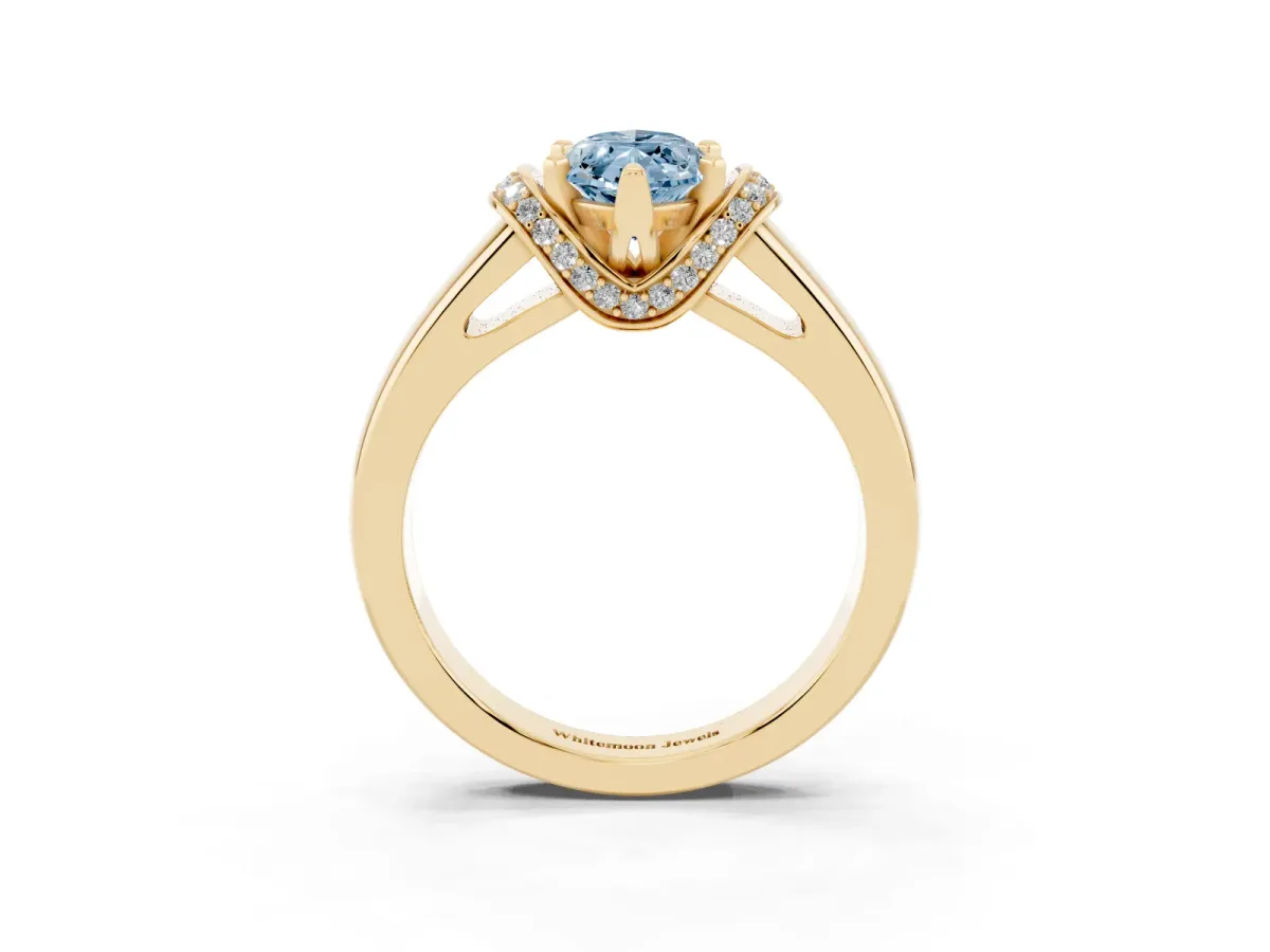 Fancy Blue Marquise Cut Solitaire Diamond Ring with Pave Band and Six-Prong Setting Yellow gold