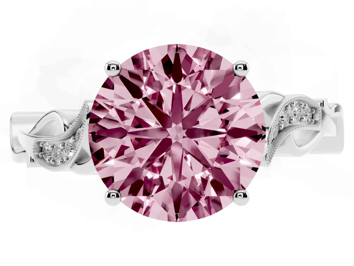 Fancy Pink Round Cut Solitaire Vine Band with Milgrain Prong Setting Silver