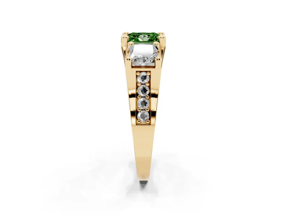 Fancy Green Princess Cut Diamond Three-Stone Ring with Channel Set Band and Four-Prong Setting Yellow gold