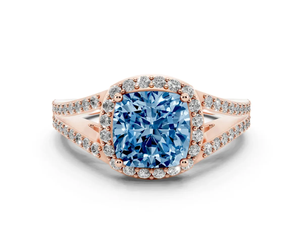 Fancy Blue Cushion Cut Halo Split Shank Diamond Ring with Prong Setting Rose gold