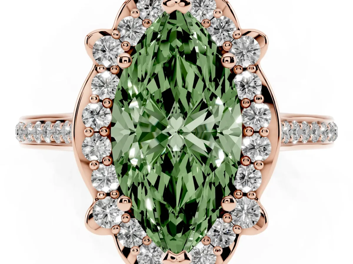 Fancy Green Marquise Cut Halo Round Diamond Pave Band with Four-Prong Setting Rose gold