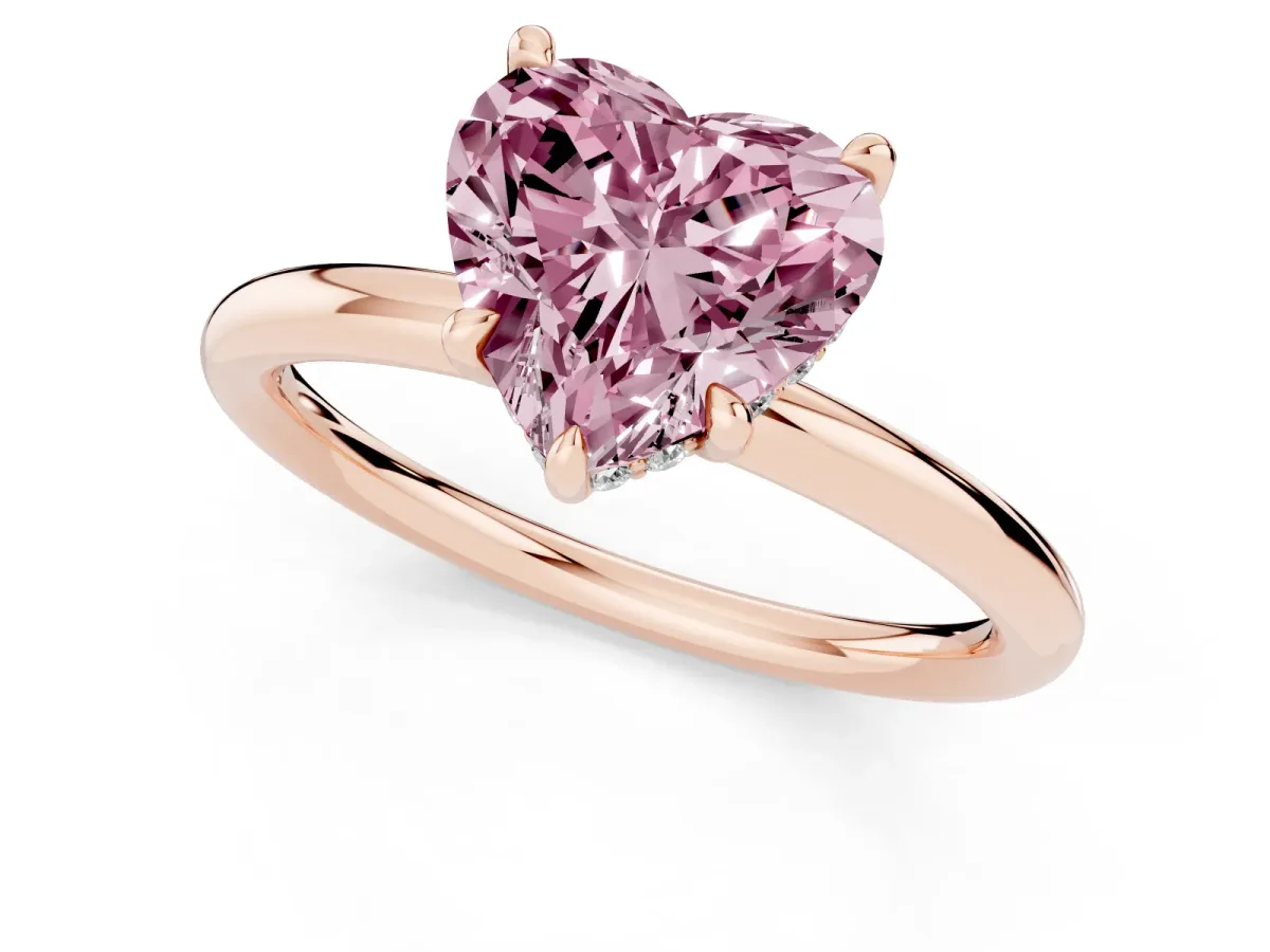 Fancy Pink Heart Cut Diamond Solitaire Ring with Thin Band and Four-Prong Setting Rose gold