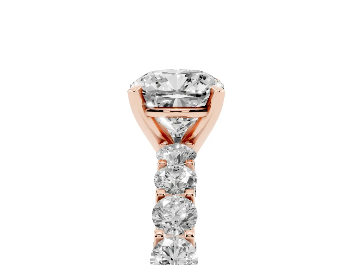 Cushion Cut Diamond Solitaire Ring with Shared Prong Pavé Band and Four-Prong Setting Rose gold