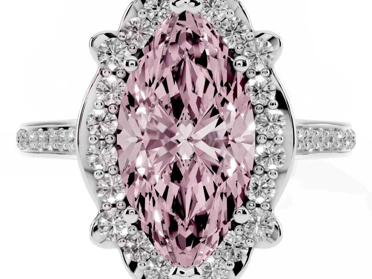 Fancy Pink Marquise Cut Halo Round Diamond Pave Band with Four-Prong Setting White gold