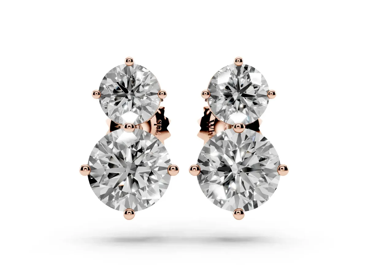 Round Cut Diamond Two Stone Stud Earrings Rose gold