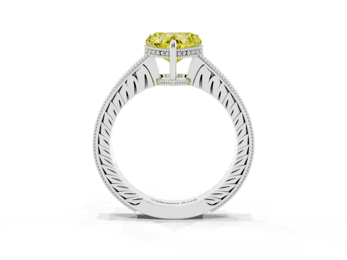 Fancy Yellow Heart Cut Solitaire Pavé Diamond Milgrain Engagement Ring with Four-Prong Setting Silver