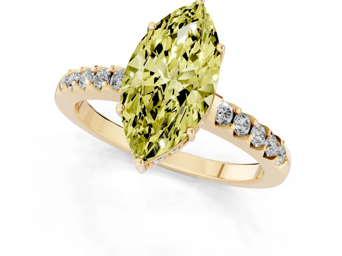 Fancy Yellow Marquise Cut Solitaire Diamond Engagement Ring with Pavé Band and Six-Prong Setting Yellow gold