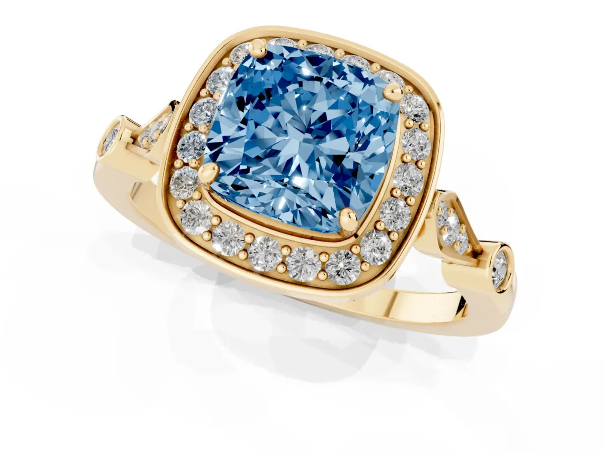 Fancy Blue Cushion Cut Halo Diamond Engagement Ring with Twisted Band and Four-Prong Setting Yellow gold