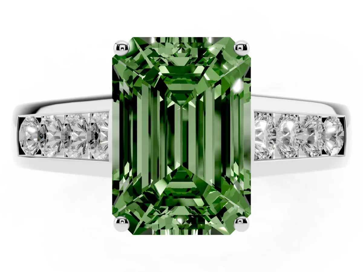 Fancy Green Emerald Cut Solitaire Channel-Set Diamond Engagement Ring with Four-Prong Setting Silver