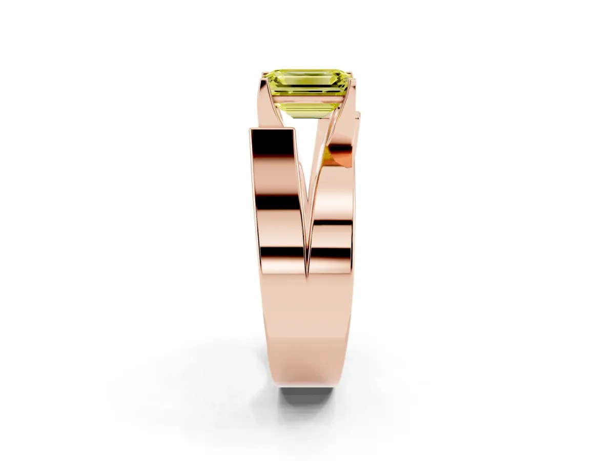 Fancy Yellow Modern Tension Set Emerald Cut Diamond Solitaire Wide Band Ring Rose gold
