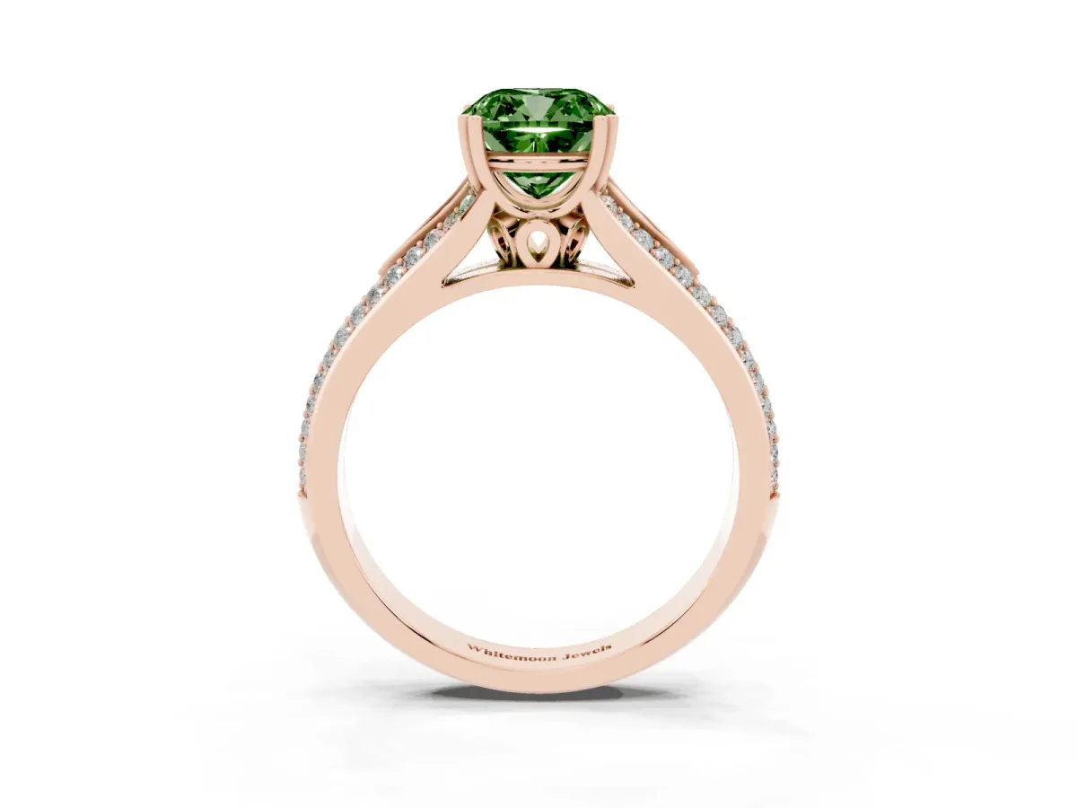 Fancy Green Cushion Cut Diamond Split Shank Engagement Ring with Pavé Band Rose gold