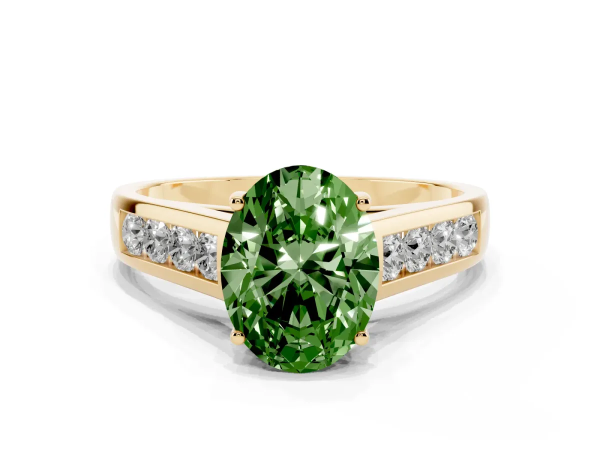 Fancy Green Oval Cut Brilliant Channel-Set Solitaire Ring with Four-Prong Setting Yellow gold