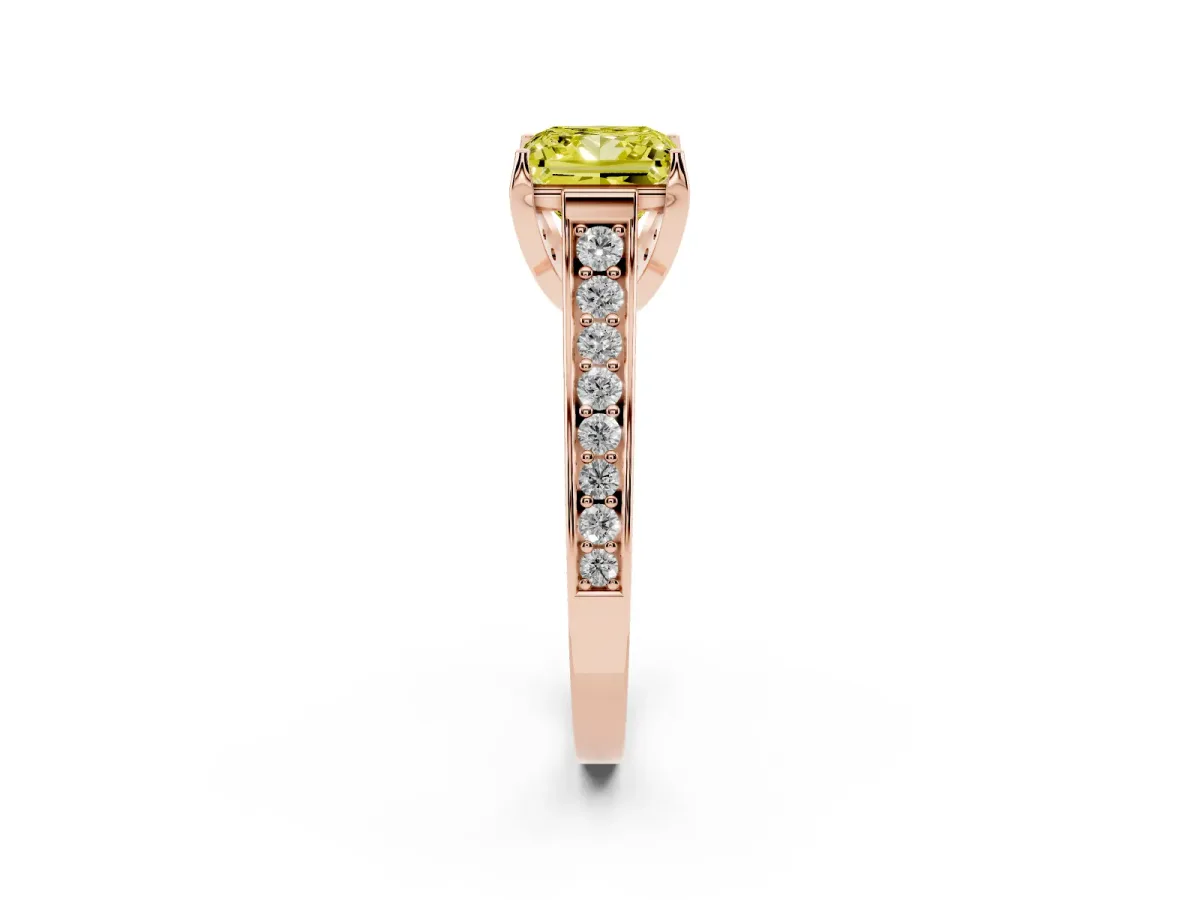 Fancy Yellow Princess Cut Brilliant Cut Diamond Engagement Ring with Pavé Band and Four-Prong Setting Rose gold