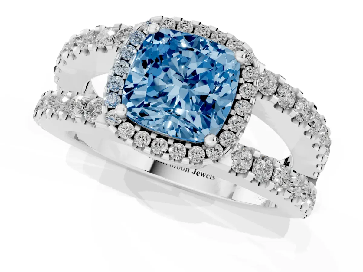 Fancy Blue Cushion Cut Cut Halo Split Shank Diamond Ring with Four-Prong Setting Platinum