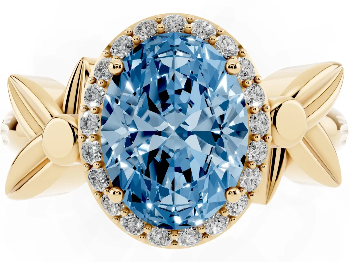 Fancy Blue Oval Cut Halo Diamond Floral Band with Four-Prong Setting Yellow gold
