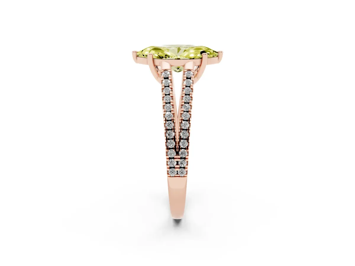 Fancy Yellow Marquise Cut Diamond Solitaire Engagement Ring with Split Shank Pavé Band Rose gold