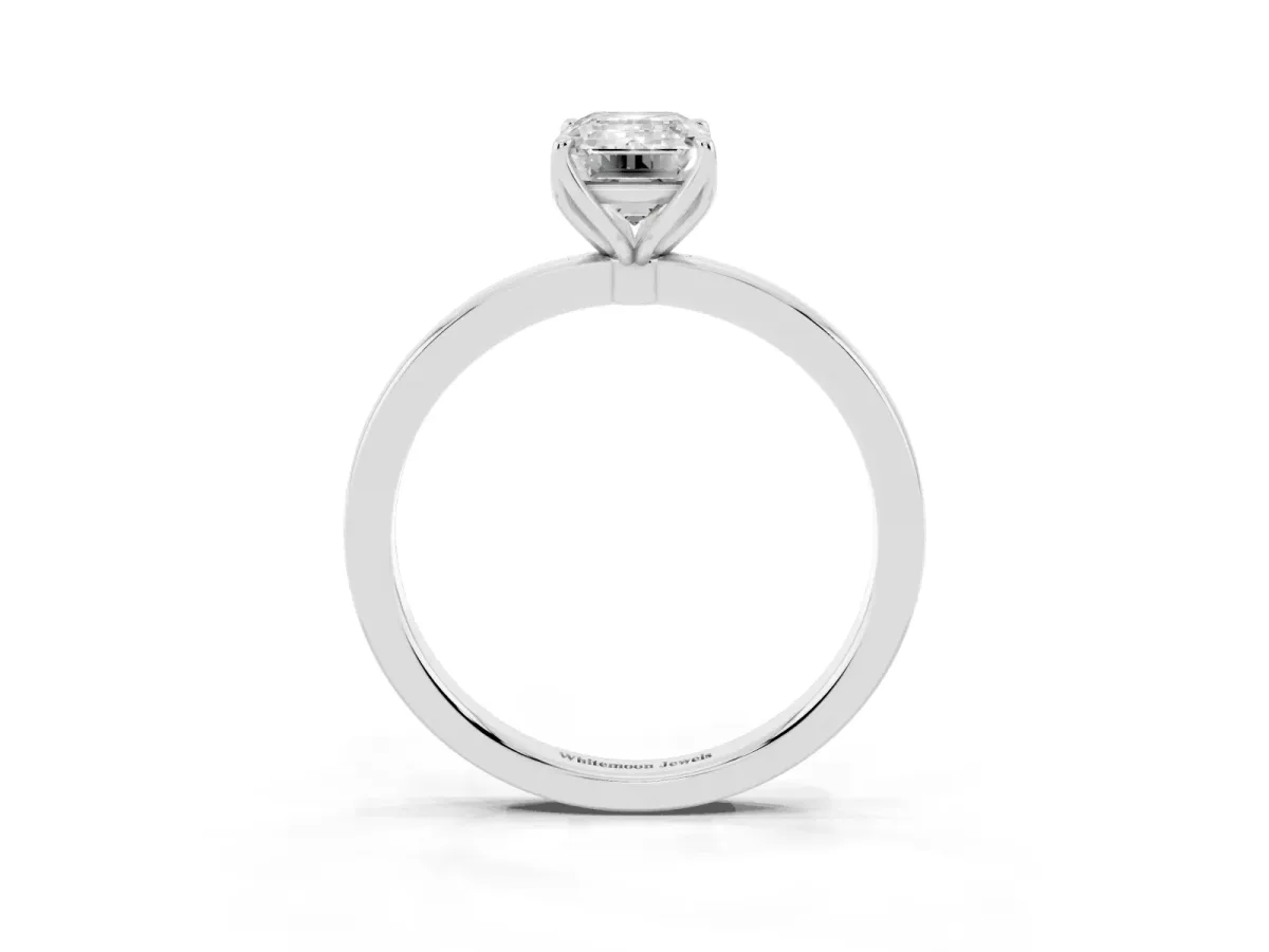 Emerald Cut Diamond Solitaire Ring with Thin Band and Prong Setting Silver