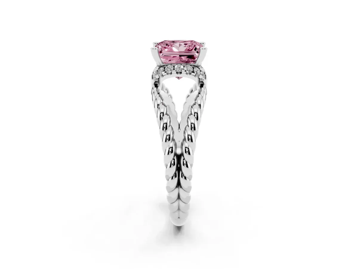 Fancy Pink Princess Cut Halo Twisted Band Four-Prong Ring Silver