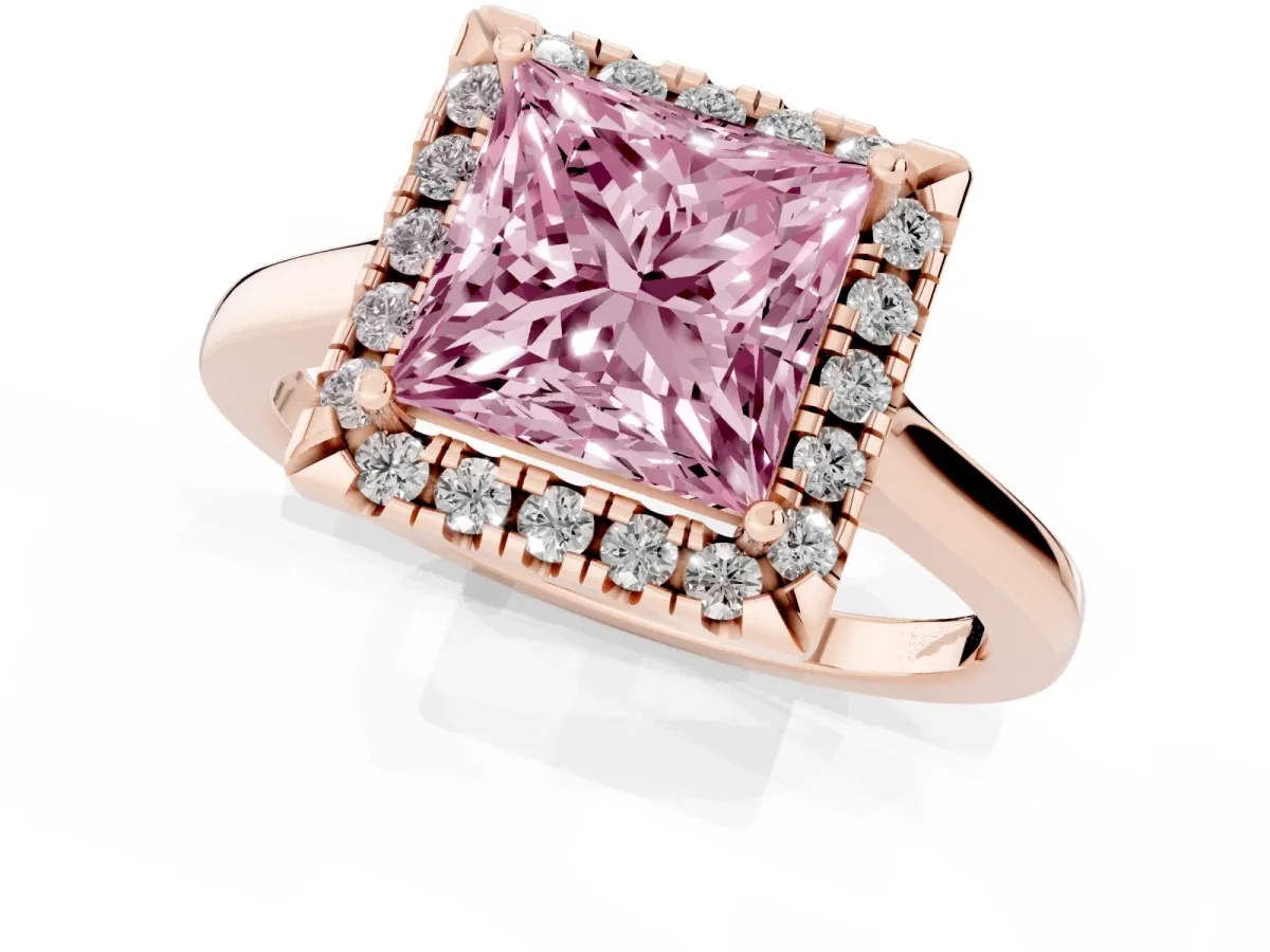 Fancy Pink Princess Cut Halo Round Diamond Solitaire Ring with Pavé Band and Four-Prong Setting Rose gold