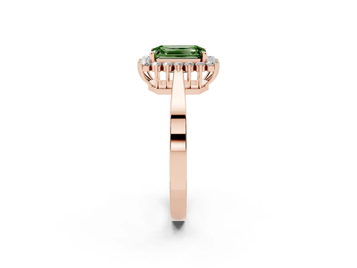 Fancy Green Emerald Cut Cut Diamond Halo Ring with Round Brilliant Halo and Solitaire Band Rose gold