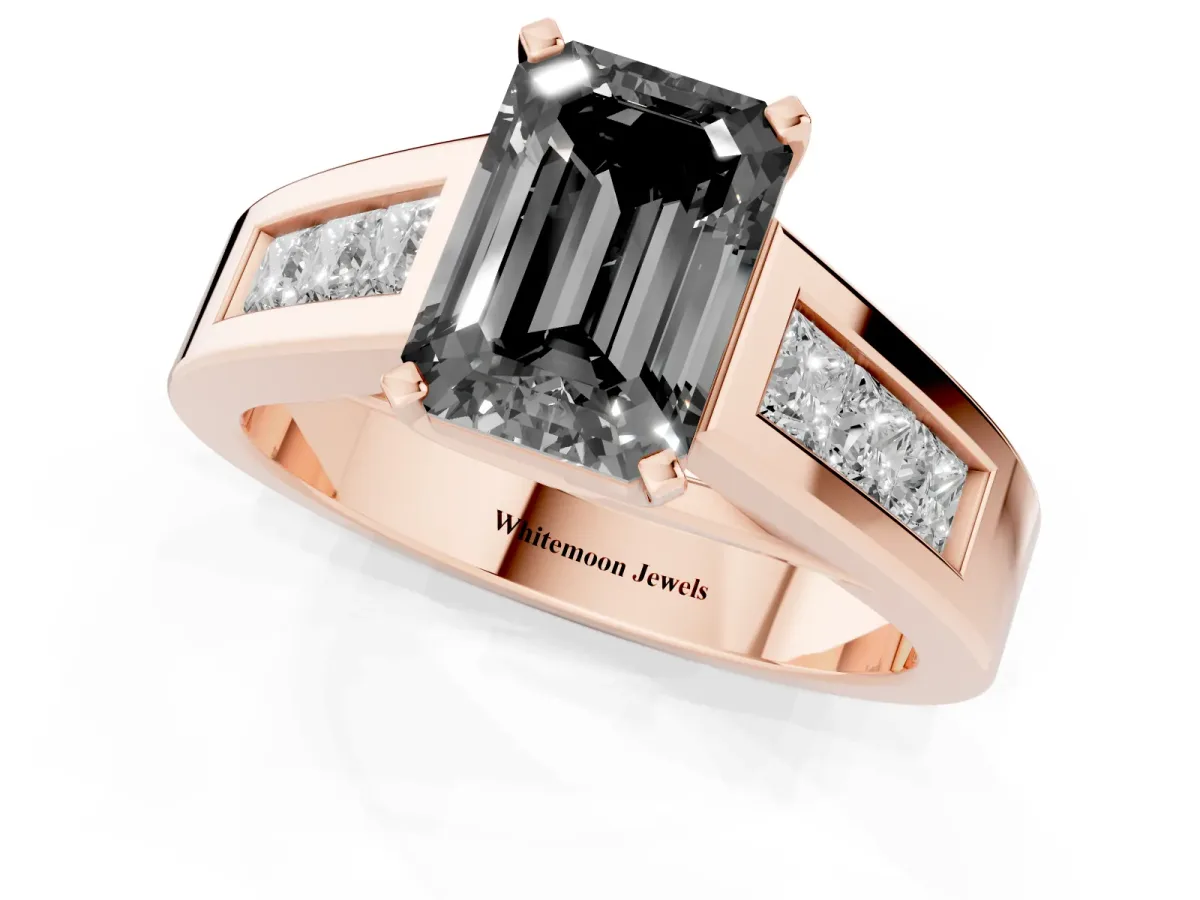 Fancy Black Emerald Cut Cut Channel Set Solitaire Ring with Four-Prong Setting Rose gold