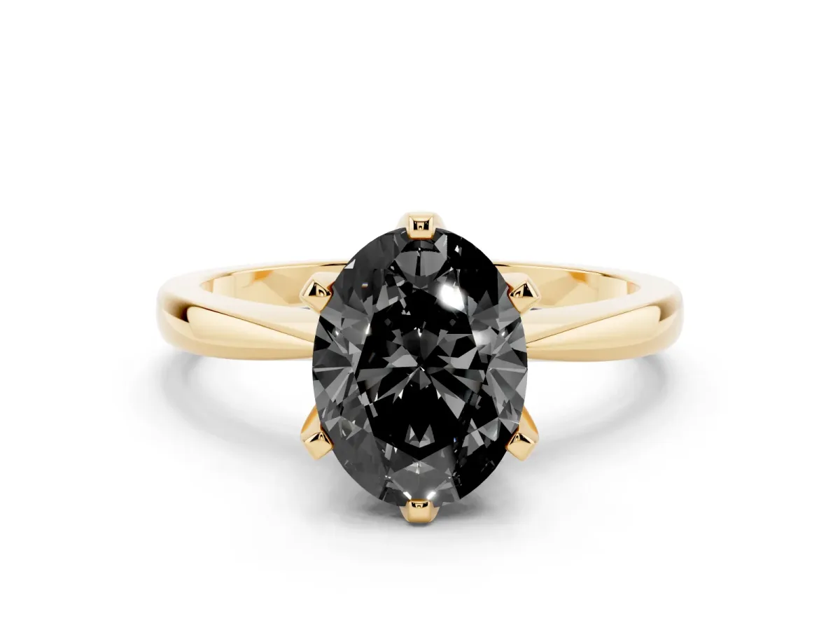 Fancy Black Oval Cut Solitaire Engagement Ring with Six-Prong Setting and Tapered Band Yellow gold