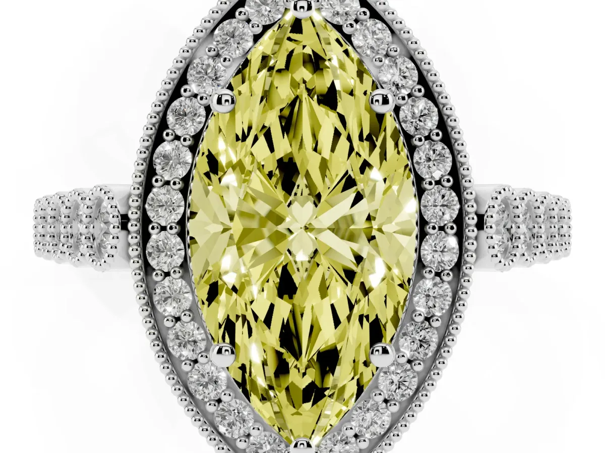 Fancy Yellow Marquise Cut Halo Milgrain Solitaire with Bezel Set Side Stones and Pave Band Silver