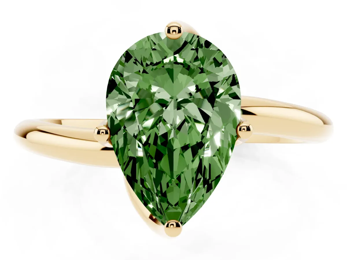 Fancy Green Pear Cut Diamond Solitaire Engagement Ring with Four-Prong Setting and Classic Band Yellow gold