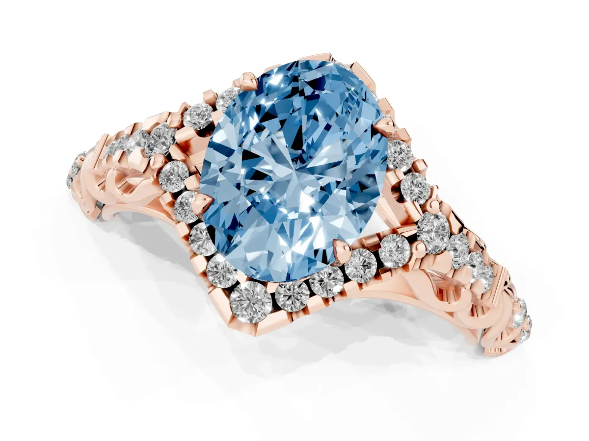 Fancy Blue Oval Cut Diamond Solitaire Ring with Hidden Halo and Pavé Band Rose gold