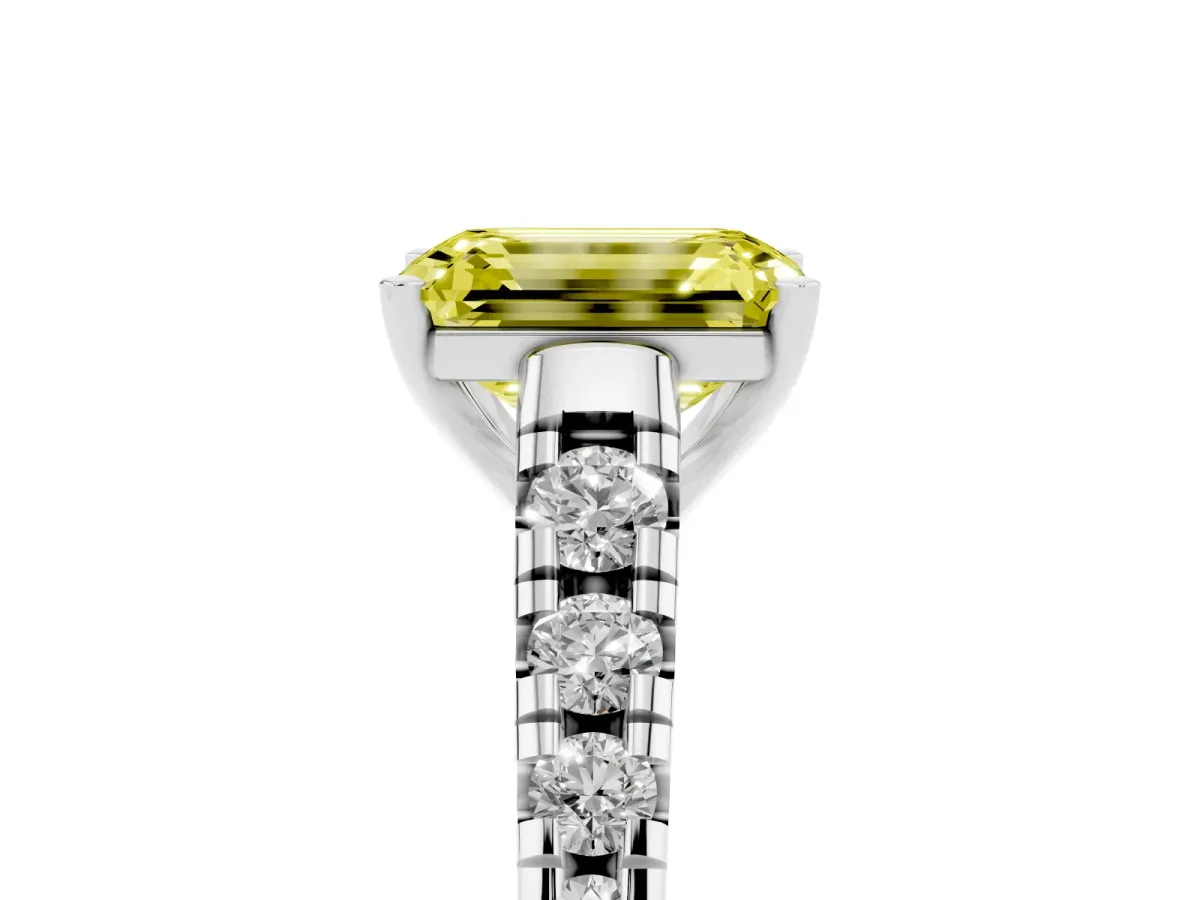 Fancy Yellow Emerald Cut Diamond Cathedral Solitaire Ring with Round Pavé Band Silver