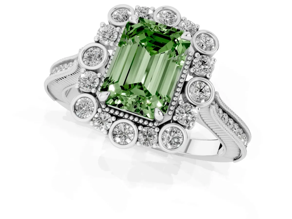 Fancy Green Emerald Cut Halo Milgrain Pave Diamond Ring with Four-Prong Setting Silver