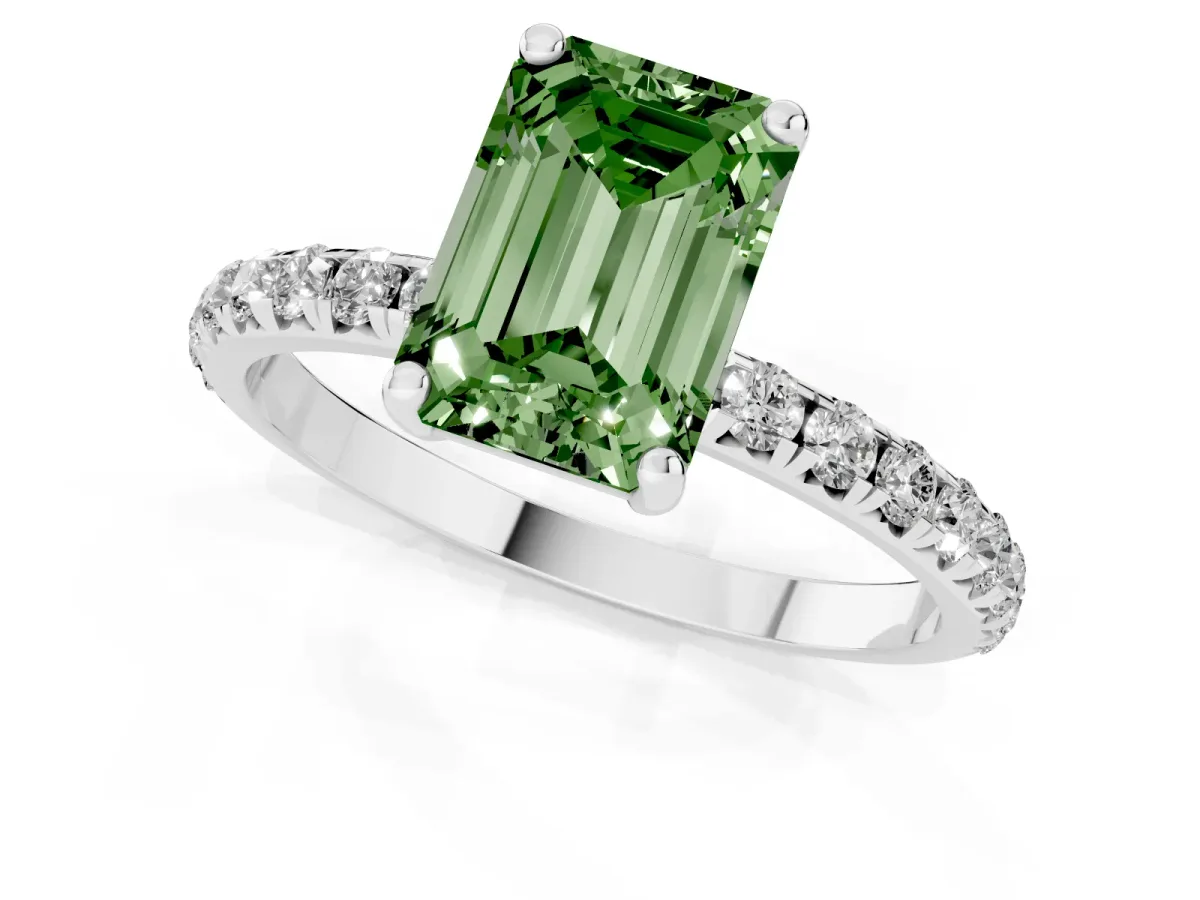 Fancy Green Emerald Cut Cut Diamond Solitaire Ring with Micro Pave Band and Four Prong Setting Silver