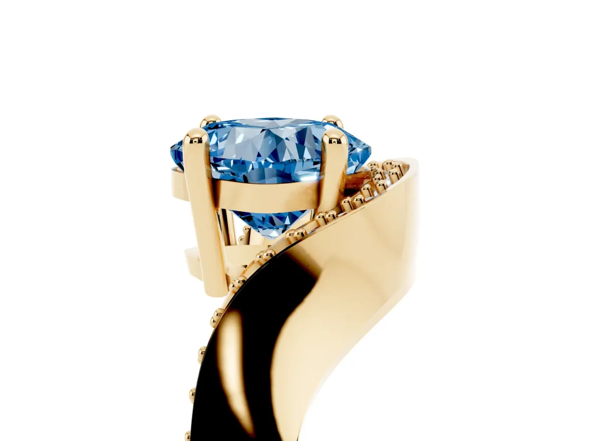 Fancy Blue Cushion Cut Solitaire Diamond Engagement Ring with Pave Band and Four-Prong Setting Yellow gold