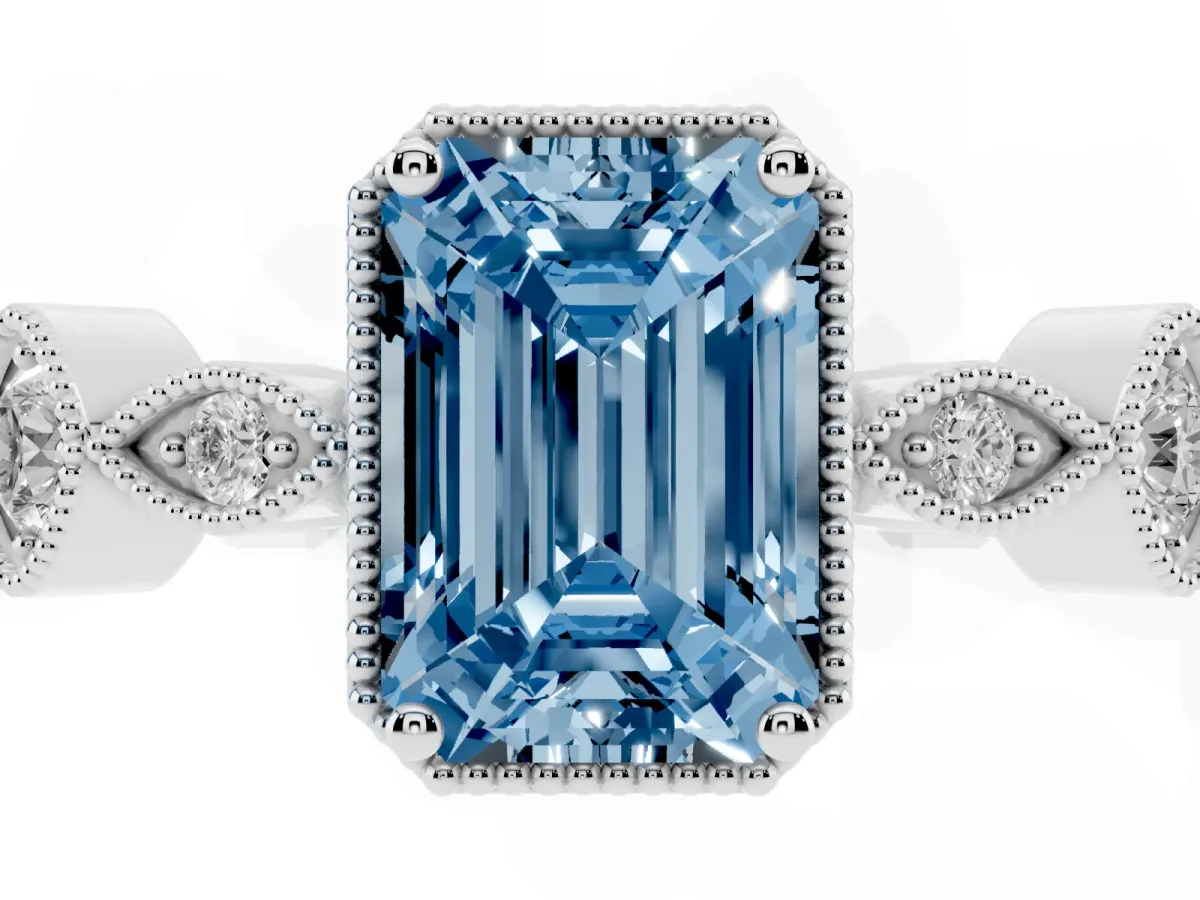 Fancy Blue Emerald Cut Diamond Vintage Milgrain Ring with Round Stations Platinum