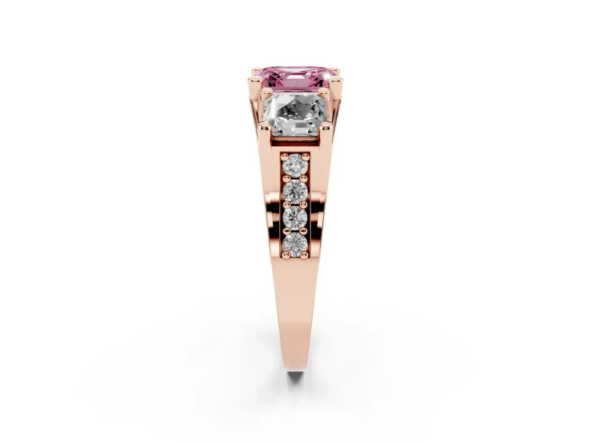 Fancy Pink Asscher Cut Diamond Three-Stone Ring with Channel Set Band and Four-Prong Setting Rose gold