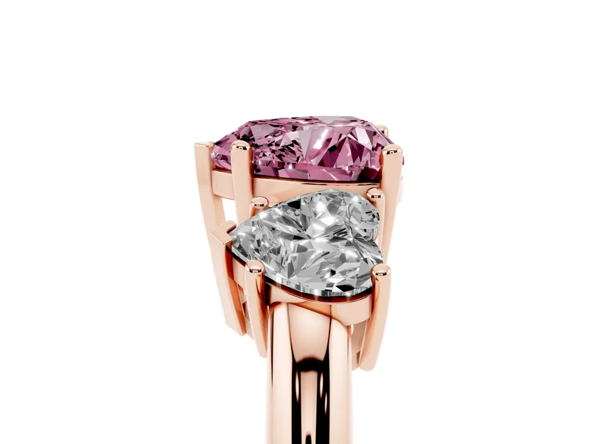 Fancy Pink Three-Stone Heart Cut Cut Diamond Engagement Ring with Prong Setting on a White Gold Band Rose gold