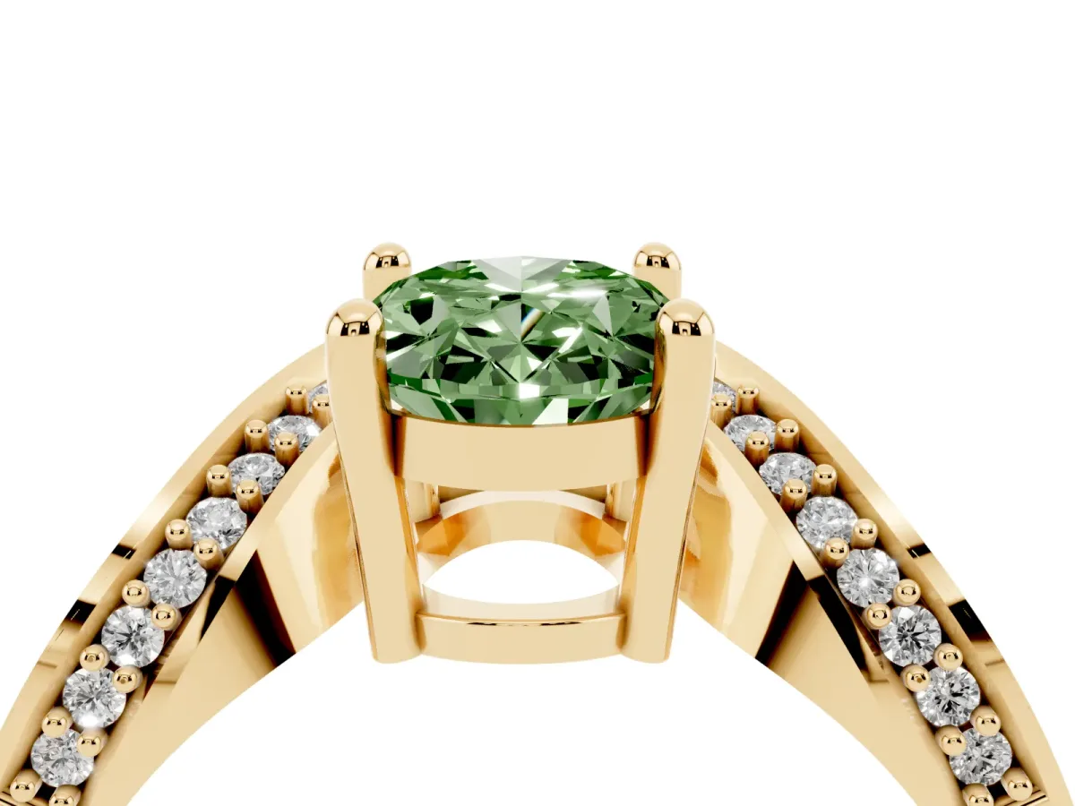 Fancy Green Oval Cut Solitaire Diamond Engagement Ring with Pave Band and Four-Prong Setting Yellow gold
