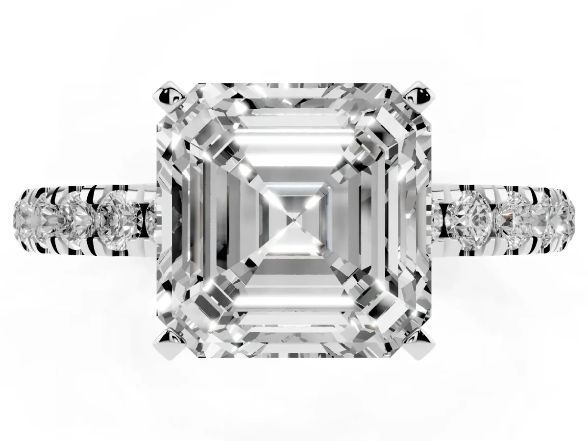 Asscher Cut Diamond Solitaire Ring with Pavé Accents and Four-Prong Setting Silver