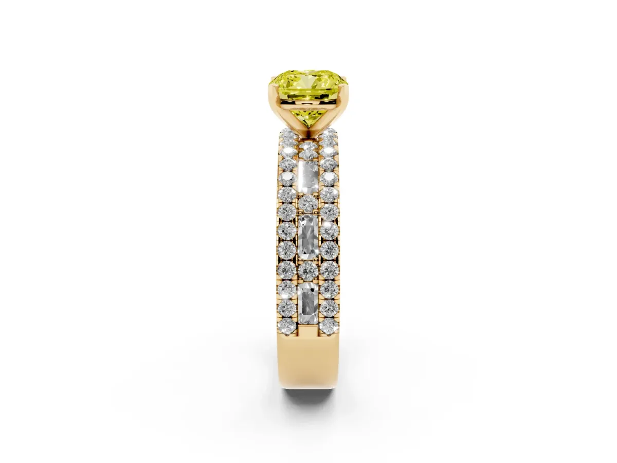 Fancy Yellow Cushion Cut Diamond Solitaire Ring with Pavé and Channel Set Band Yellow gold